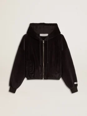 Felpa con cappuccio da donna nera in misto cotone con zip