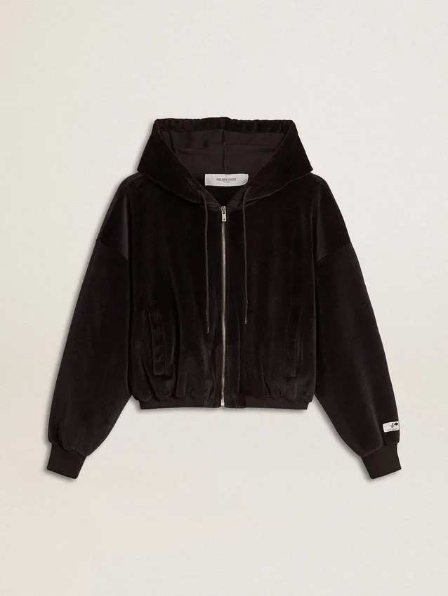 Felpa con cappuccio da donna nera in misto cotone con zip