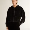 Felpa con cappuccio da donna nera in misto cotone con zip