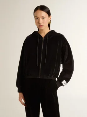 Felpa con cappuccio da donna nera in misto cotone con zip