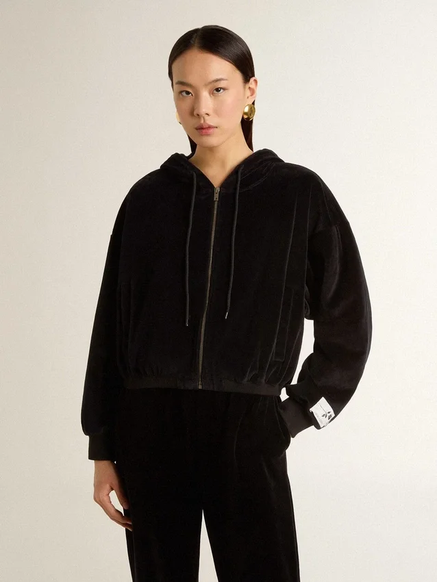 Felpa con cappuccio da donna nera in misto cotone con zip
