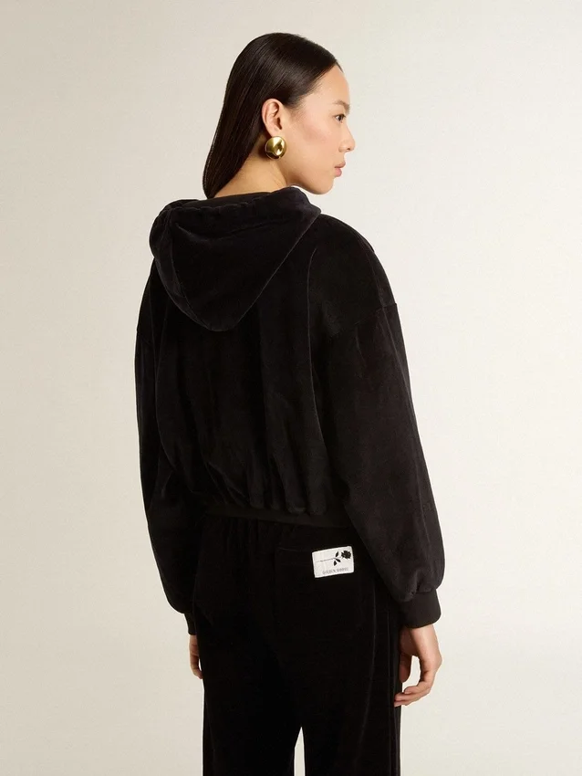 Felpa con cappuccio da donna nera in misto cotone con zip