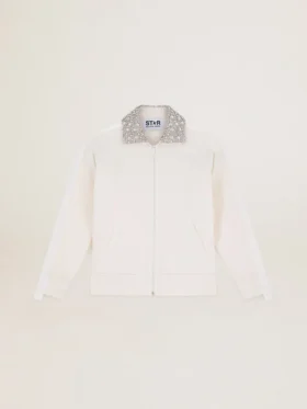 Felpa con zip della Star Collection in bianco papiro con colletto in cristalli