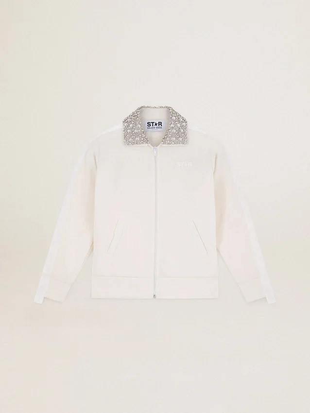 Felpa con zip della Star Collection in bianco papiro con colletto in cristalli