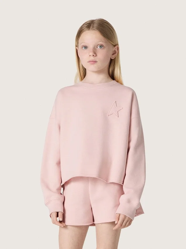 Felpa corta da bambina “Star” in cotone rosa con toppa e logo