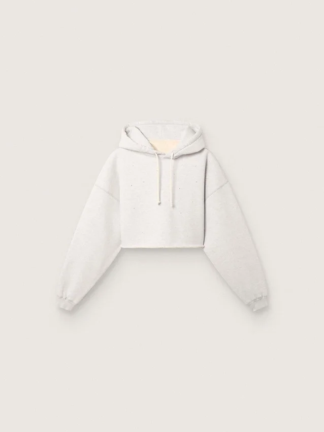 Felpa corta da donna con cappuccio Star in cotone grigio melange