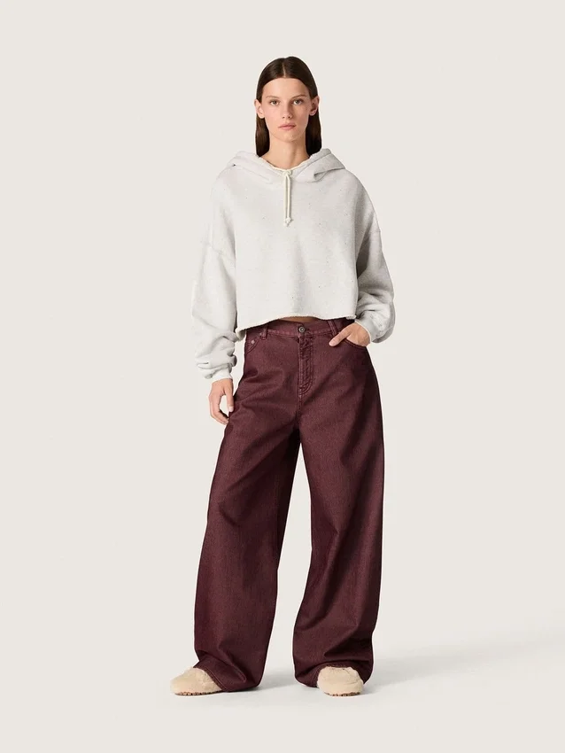 Felpa corta da donna con cappuccio Star in cotone grigio melange