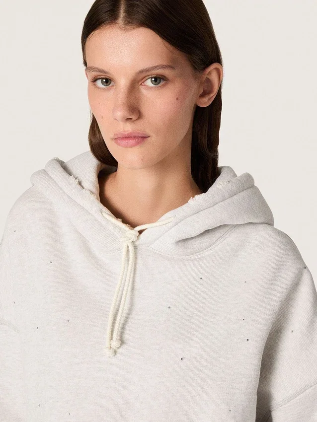 Felpa corta da donna con cappuccio Star in cotone grigio melange