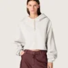Felpa corta da donna con cappuccio Star in cotone grigio melange