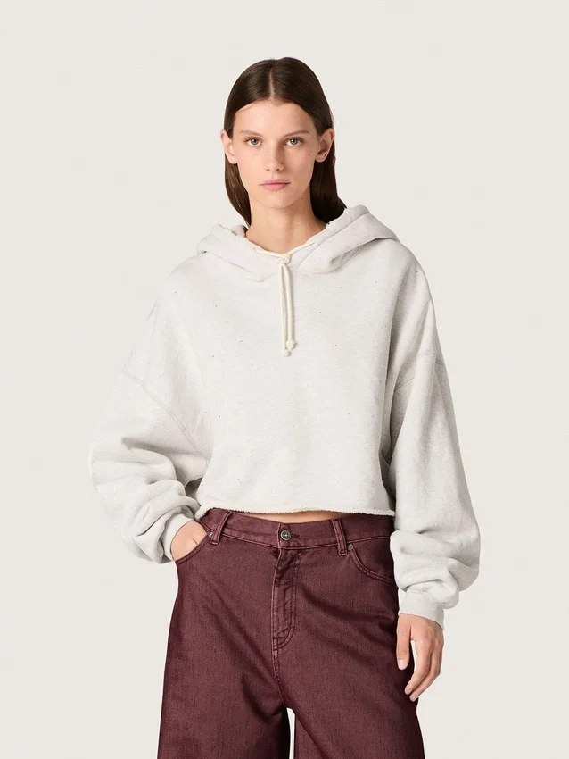 Felpa corta da donna con cappuccio Star in cotone grigio melange