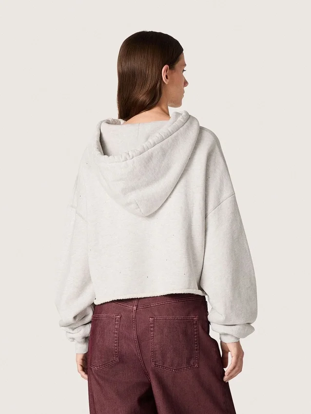 Felpa corta da donna con cappuccio Star in cotone grigio melange