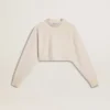 Felpa corta da donna in cotone color crema con cristalli sul davanti
