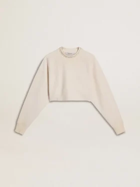 Felpa corta da donna in cotone color crema con cristalli sul davanti