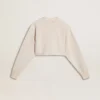 Felpa corta da donna in cotone color crema con cristalli sul davanti