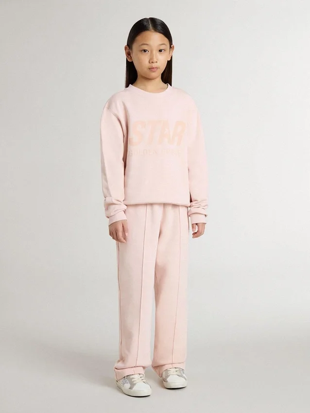 Felpa da bambina di colore rosa con scritta rosa sul davanti