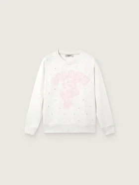 Felpa da bambina Journey in cotone bianco a girocollo con stampa mascotte e applicazioni in cristallo