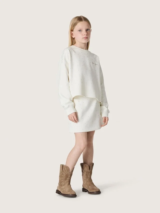 Felpa da bambina Journey in cotone bianco con cristalli e logo