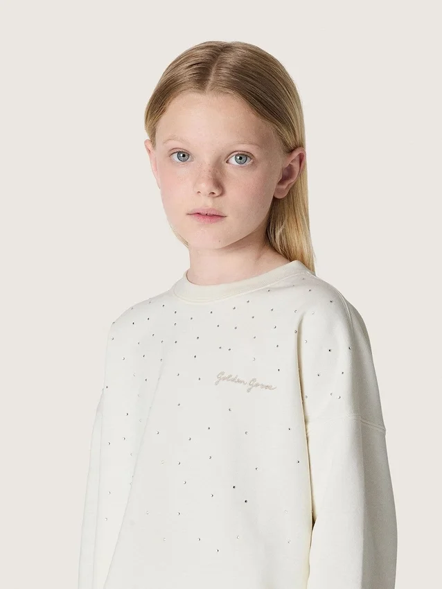 Felpa da bambina Journey in cotone bianco con cristalli e logo
