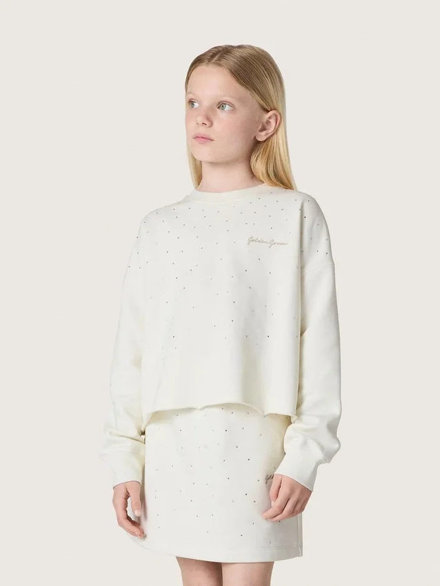 Felpa da bambina Journey in cotone bianco con cristalli e logo