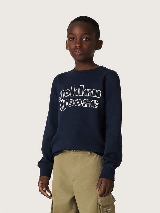 Felpa da bambino Journey in misto cotone blu con logo a contrasto