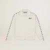 Felpa da donna bianca con zip, striscia bianca e stelle nere