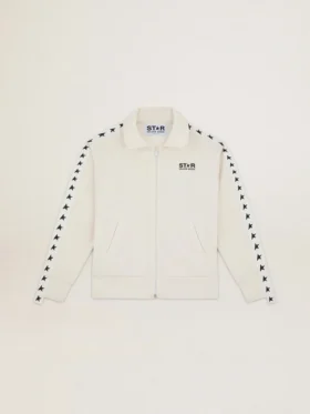 Felpa da donna bianca con zip, striscia bianca e stelle nere