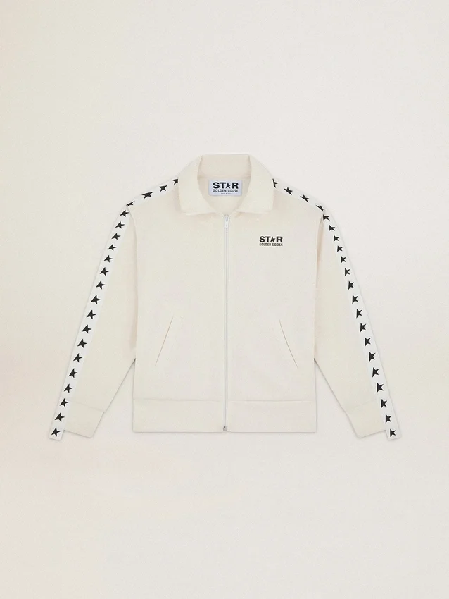 Felpa da donna bianca con zip, striscia bianca e stelle nere