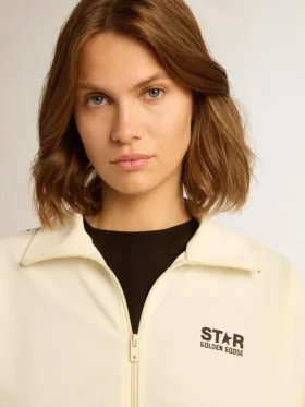 Felpa da donna bianca con zip, striscia bianca e stelle nere