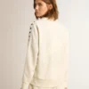 Felpa da donna bianca con zip, striscia bianca e stelle nere