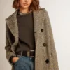 Cappotto lungo da donna a spina di pesce con dettagli gialli
