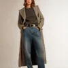 Cappotto lungo da donna a spina di pesce con dettagli gialli