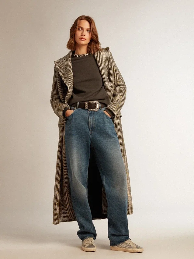 Cappotto lungo da donna a spina di pesce con dettagli gialli