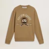 Felpa da uomo in cotone beige con stampa sul davanti