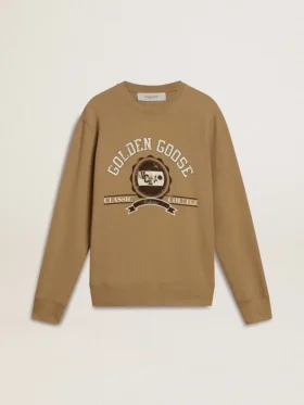 Felpa da uomo in cotone beige con stampa sul davanti