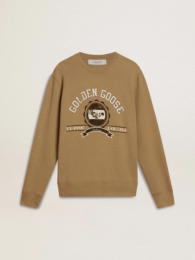 Felpa da uomo in cotone beige con stampa sul davanti