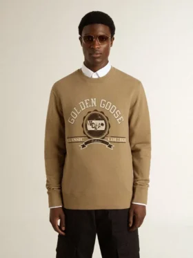 Felpa da uomo in cotone beige con stampa sul davanti