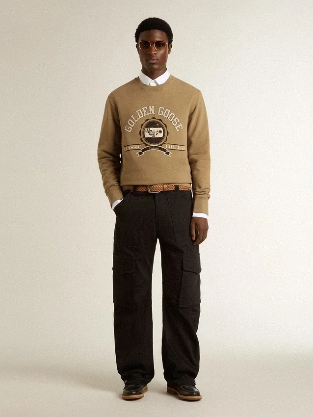 Felpa da uomo in cotone beige con stampa sul davanti