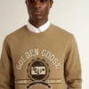 Felpa da uomo in cotone beige con stampa sul davanti