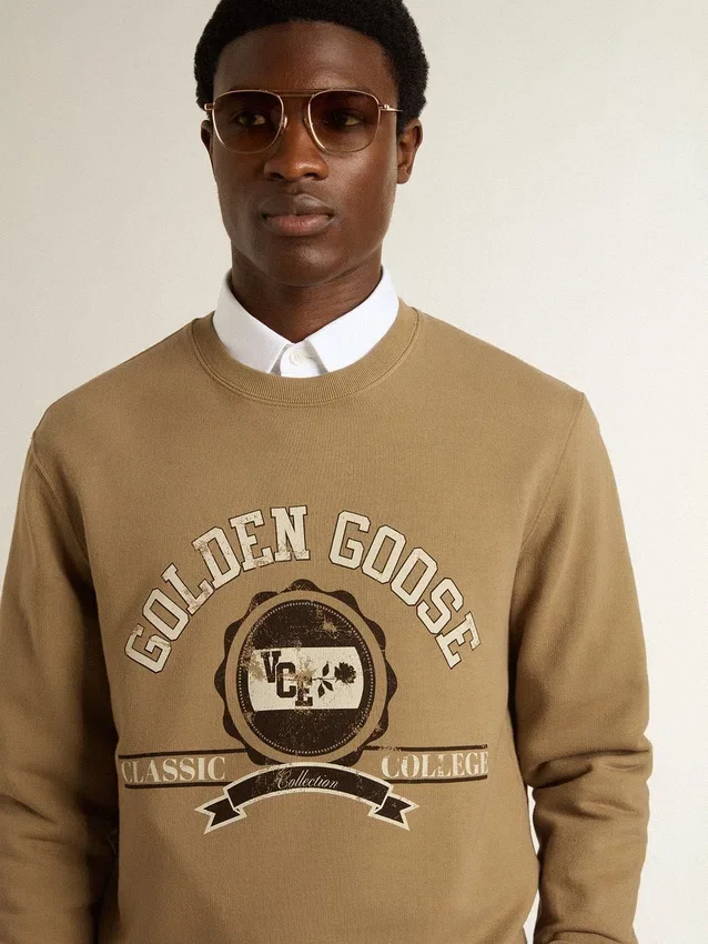 Felpa da uomo in cotone beige con stampa sul davanti
