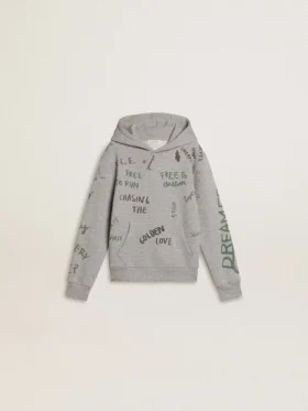 Felpa grigia da bambino con scritte stampate multicolori