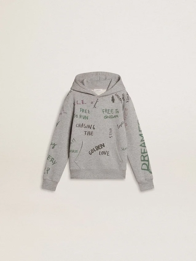 Felpa grigia da bambino con scritte stampate multicolori