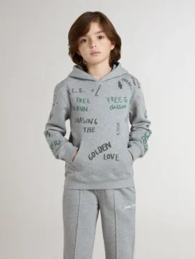 Felpa grigia da bambino con scritte stampate multicolori