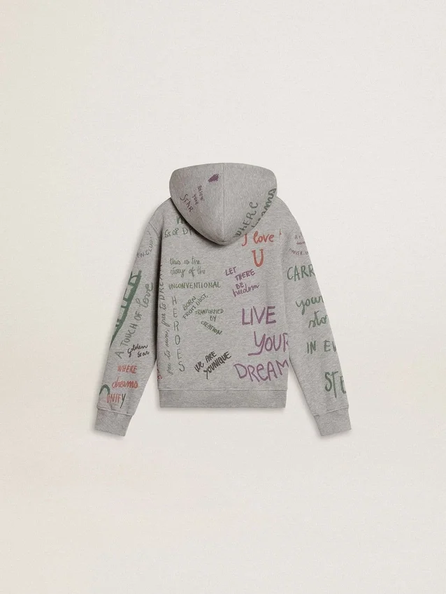 Felpa grigia da bambino con scritte stampate multicolori