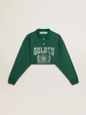 Felpa polo corta da donna verde con stampa
