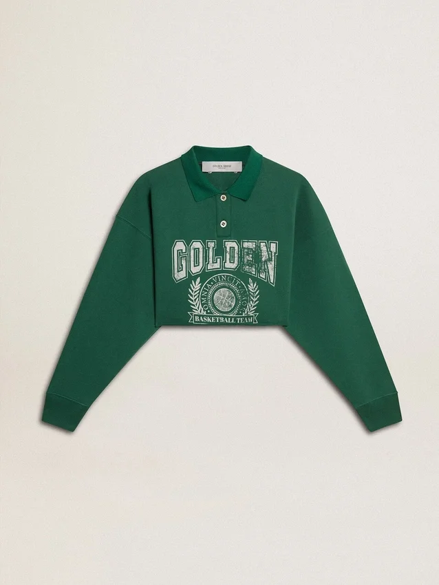 Felpa polo corta da donna verde con stampa