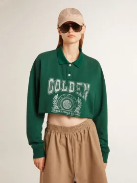 Felpa polo corta da donna verde con stampa