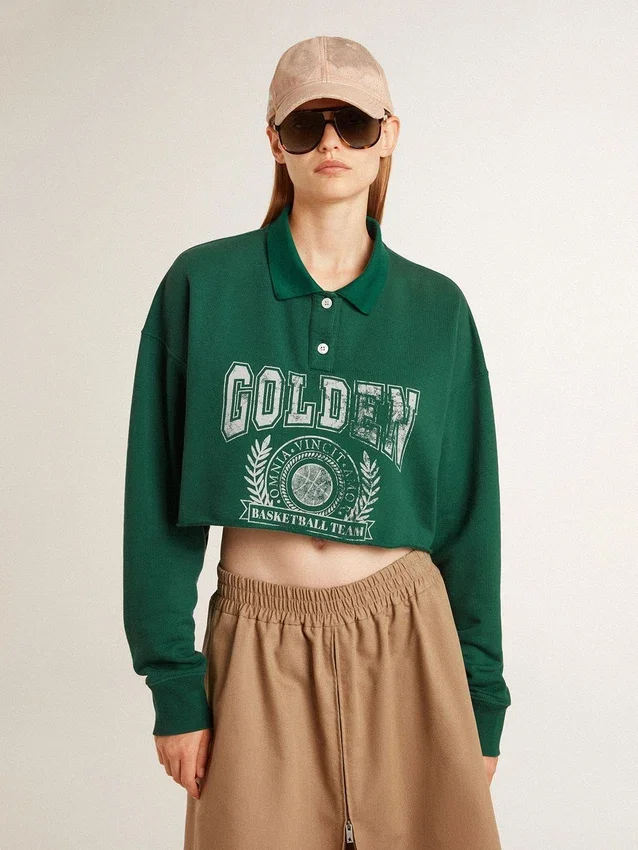 Felpa polo corta da donna verde con stampa