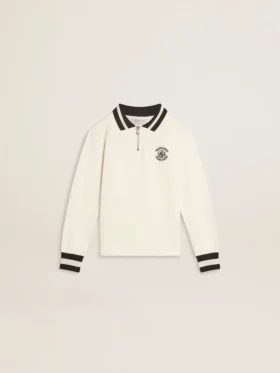 Felpa polo da bambino in cotone bianco con ricamo sul petto e stampa sul retro