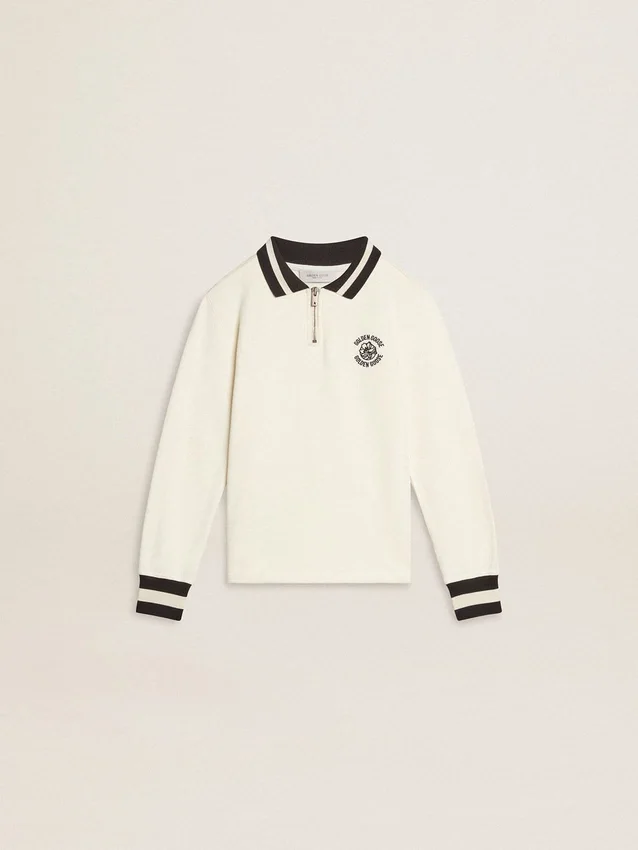 Felpa polo da bambino in cotone bianco con ricamo sul petto e stampa sul retro