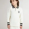 Felpa polo da bambino in cotone bianco con ricamo sul petto e stampa sul retro